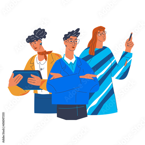 Successful confident business team or company management, flat vector illustration isolated on white background. Group of highly qualified professional business people.