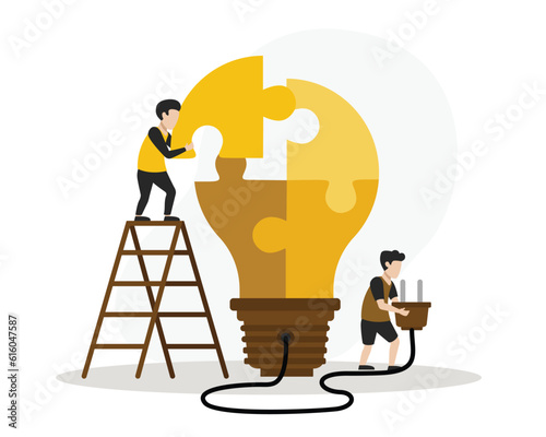 Teamwork. Faceless man standing on ladder with piece of jigsaw puzzle in front of unfinished lightbulb while colleague holding plug in hands. Flat vector illustration
