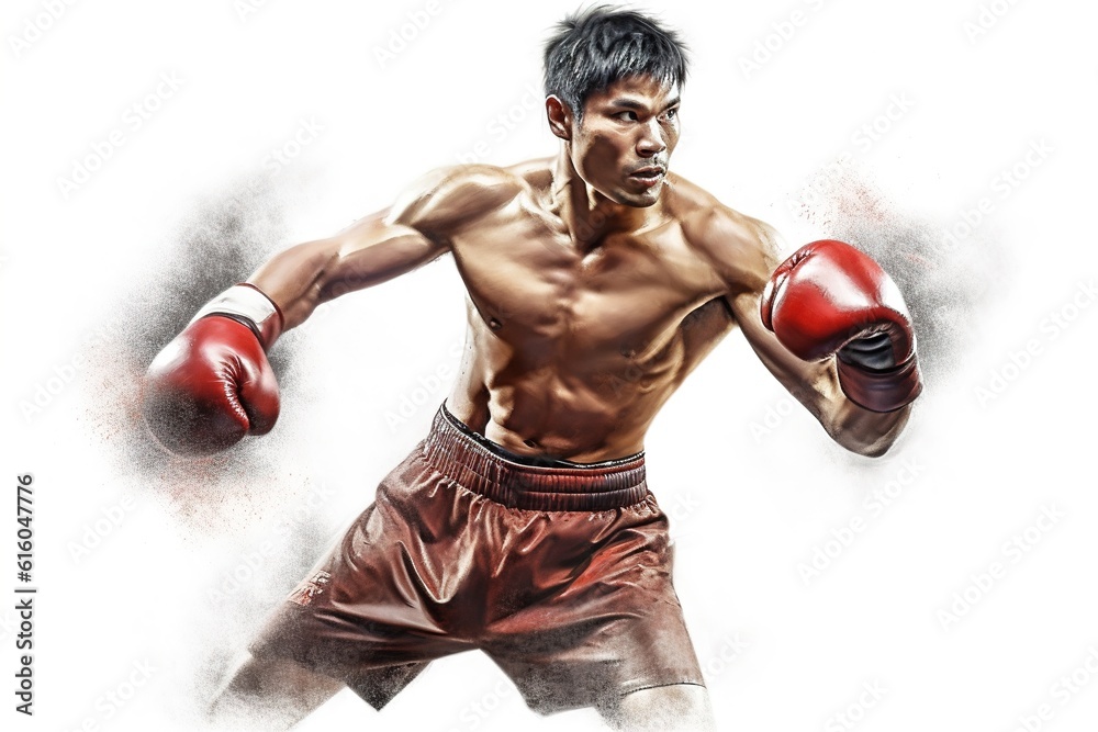 drawing of a Thai boxing athlete isolated on a white background. Generated by AI.
