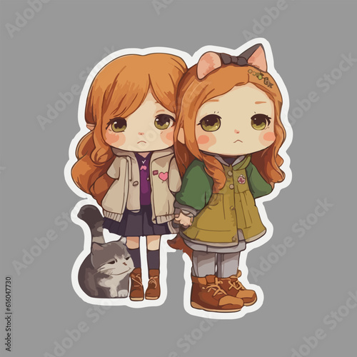 cute cate and girl sticker vector design
