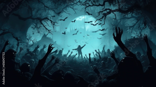 Zombie hands emerge from an enchanted Halloween cemetery in the mystical forest
