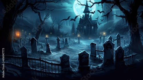 Obraz na plátně Spooky Halloween in the haunted forest graveyard with bats and scary trees