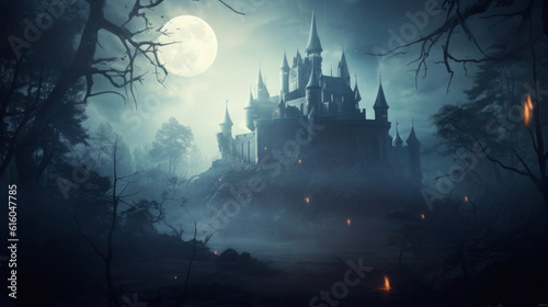 Vampire's Castle in the Spooky Night Forest on Halloween Background. Generative AI