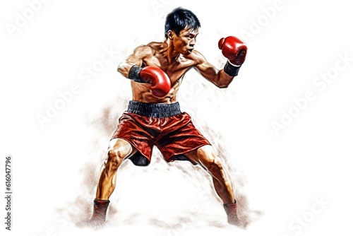 drawing of a Thai boxing athlete isolated on a white background. Generated by AI.