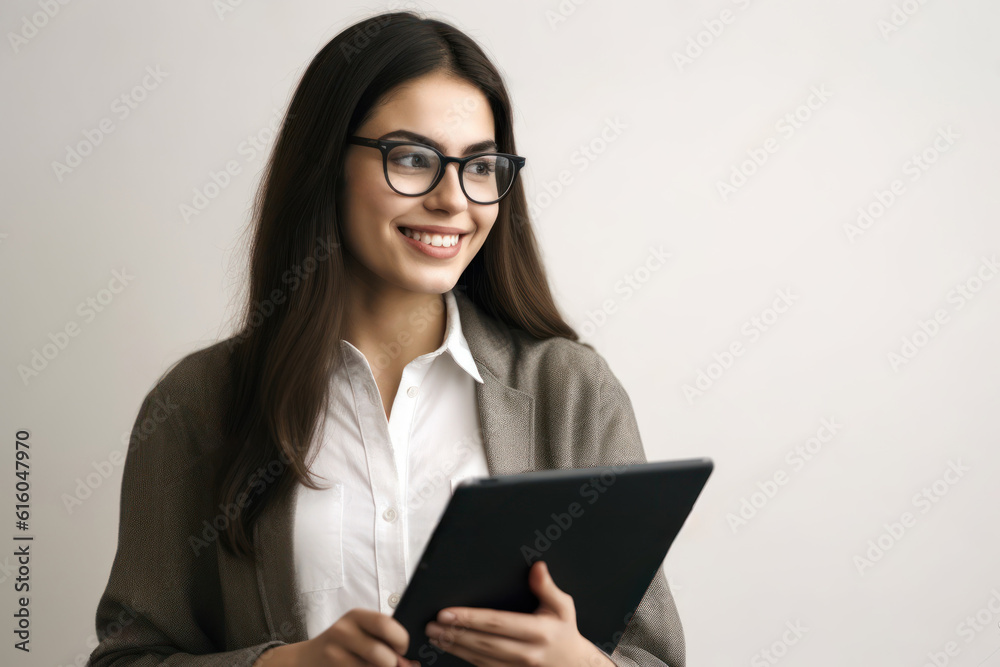 Smiling young businesswoman in eyeglasses using tablet computer, looking at camera and smiling, standing against white background, Generative AI Smiling young businesswoman in eyeglasses using tablet computer, looking at camera and smiling, standing against white background, Generative AI
