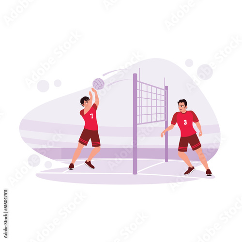 Professional volleyball players play seriously, throw the ball, attack and score points. Trend Modern vector flat illustration.