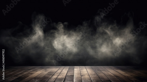 Wooden floor with smoke and light in dark room. Halloween abstract background. Generative AI