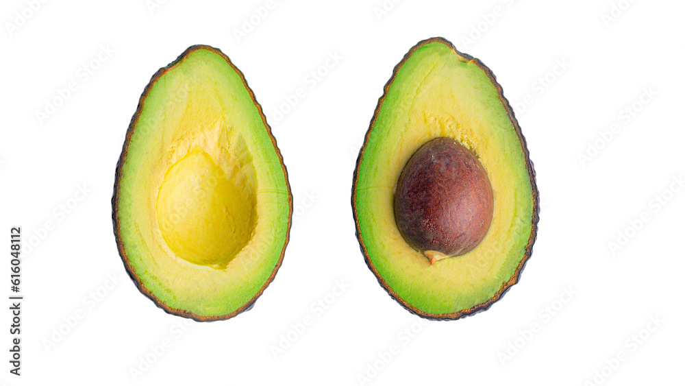 whole and half avocado isolated on transparent background close-up.