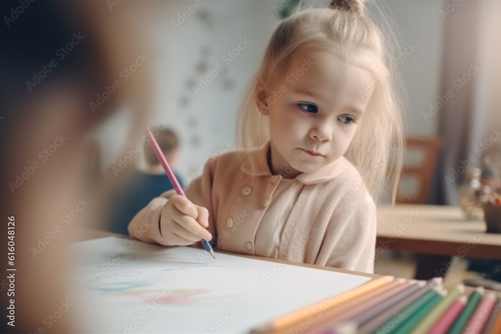 Cute little girl drawing with colorful pencils while sitting at her desk, Generative AI Cute little girl drawing with colorful pencils while sitting at her desk, Generative AI