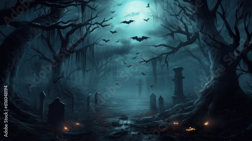 Spooky Halloween in the haunted forest graveyard with bats and scary trees. Happy Halloween Background. Generative AI © ABC Vector
