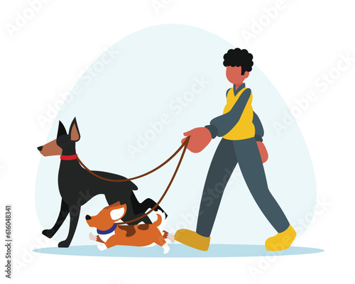 Faceless guy volunteer walking with dogs. People from volunteering organizations. Time for walking dogs. Social active youth. Charity and donations for domestic animals. Vector