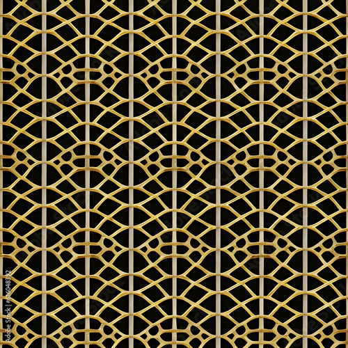 elegant geometric pattern of gold metalwork lattice arcs curves and lines on a dark black background wallpaper