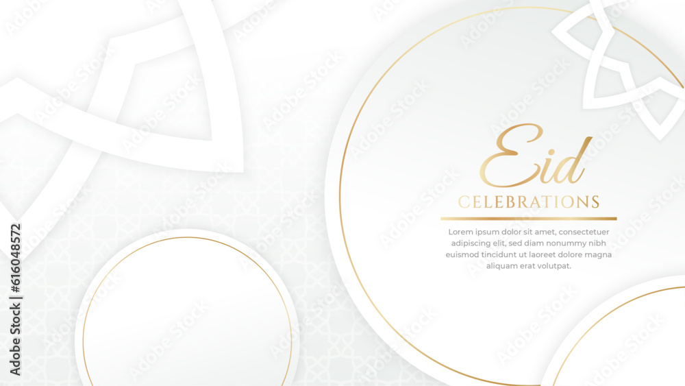 Eid Mubarak Arabic Islamic white and gold social media post design with arabesque border and frame Eid Mubarak Arabic Islamic white and gold social media post design with arabesque border and frame