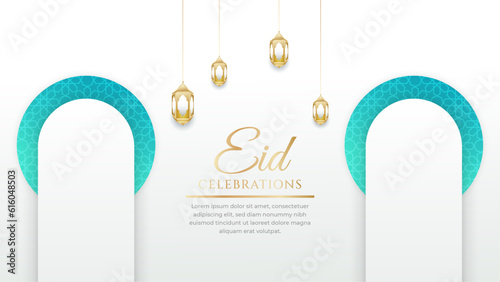 Eid mubarak celebration white and gold with ornament and lantern
