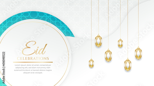 Eid mubarak celebration white and gold with ornament and lantern