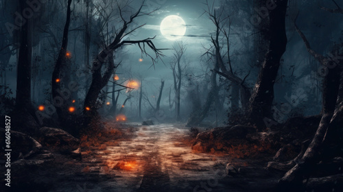 Spooky Halloween in the haunted forest graveyard with bats and scary trees. Happy Halloween Background. Generative AI