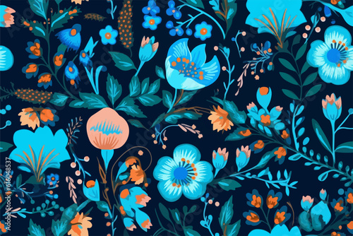 Cute colorful hand drawn vintage artistic flowers print. Modern cartoon style pattern. Fashionable template for design. Floral pattern with blue flowers in the folklore style