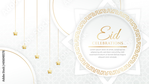 Eid mubarak celebration white and gold with ornament and lantern