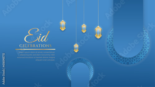Eid mubarak celebration blue and gold with ornament and lantern