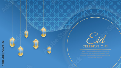 Eid Mubarak Arabic Islamic blue and gold social media post design with arabesque border and frame