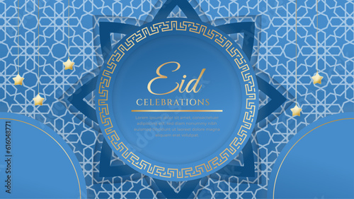 Eid mubarak celebration blue and gold with ornament and lantern