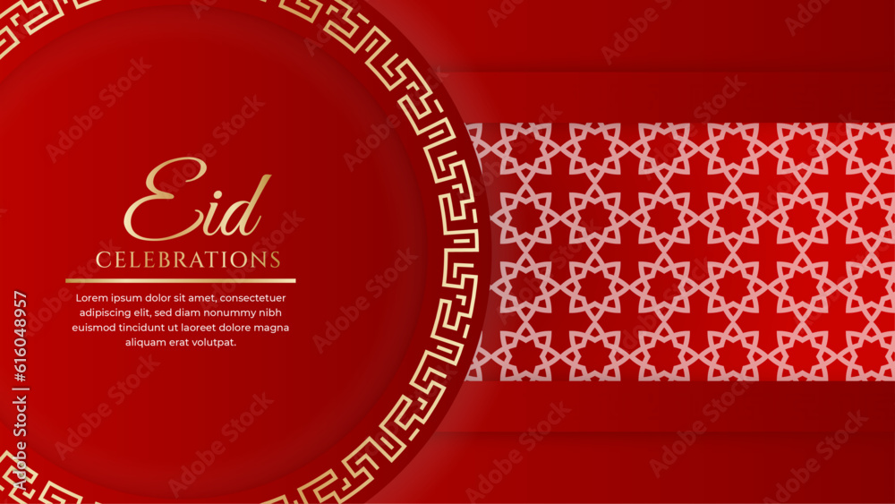 Eid Mubarak Arabic Islamic red and gold social media post design with arabesque border and frame
