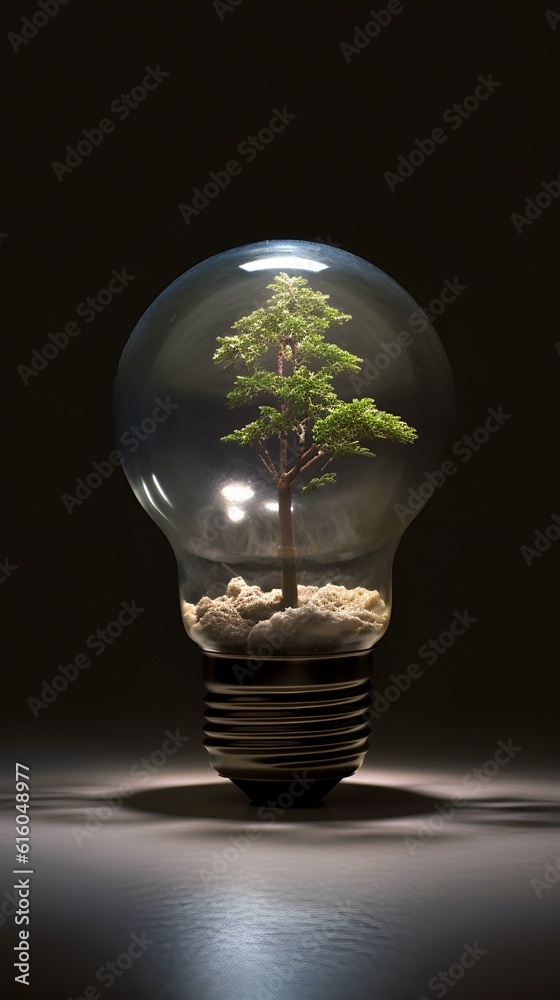 A clear lightbulb with a bonsai tree in it A clear lightbulb with a bonsai tree in it