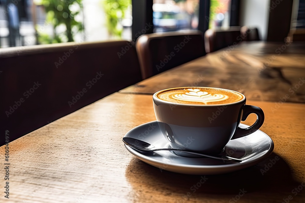 Morning Delight. Aromatic Latte on Rustic Cafe Table. Enjoying Hot white Cup of Coffee on Vintage Background Morning Delight. Aromatic Latte on Rustic Cafe Table. Enjoying Hot white Cup of Coffee on Vintage Background