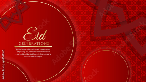 Eid mubarak celebration red and gold with ornament and lantern