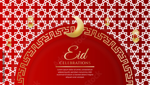 Eid mubarak celebration red and gold with ornament and lantern