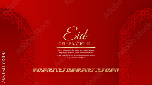 Eid mubarak celebration red and gold with ornament and lantern