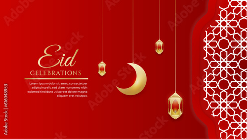 Eid mubarak celebration red and gold with ornament and lantern