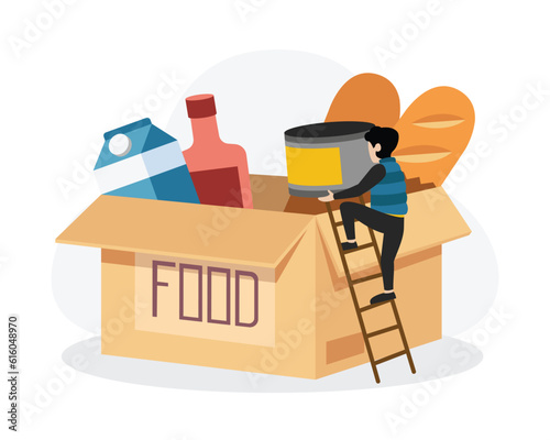 Back view of man packing food as donations. Humanitarian aid organization. Grocery for needy and poor people. Preparing boxes for charity. Vector flat style illustration