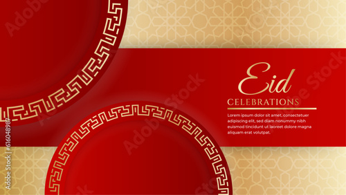 Eid mubarak celebration red and gold with ornament and lantern