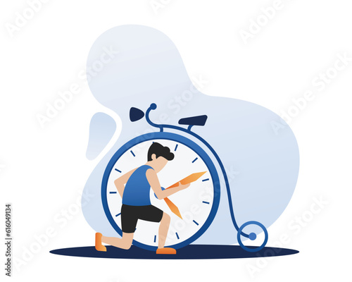 Guy trying hard to meet tight deadlines. Faceless male character adjusting clock on bike. Man turning minute hand on large clockface. Flat vector illustration