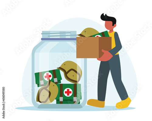 Male character working as military volunteer. Jar with medications and helmets. Non profit social organization. Social active youth and charity. Vector flat style illustration