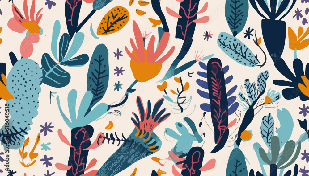 Obraz premium Artistic hand drawn cartoon cute style ornament pattern. Floral abstract trendy colorful print. Fashionable vector template for your design