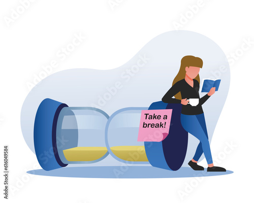 Faceless blonde woman with hourglass read book and has coffee break. Time management and deadline concept with cartoon character. Vector flat style illustration