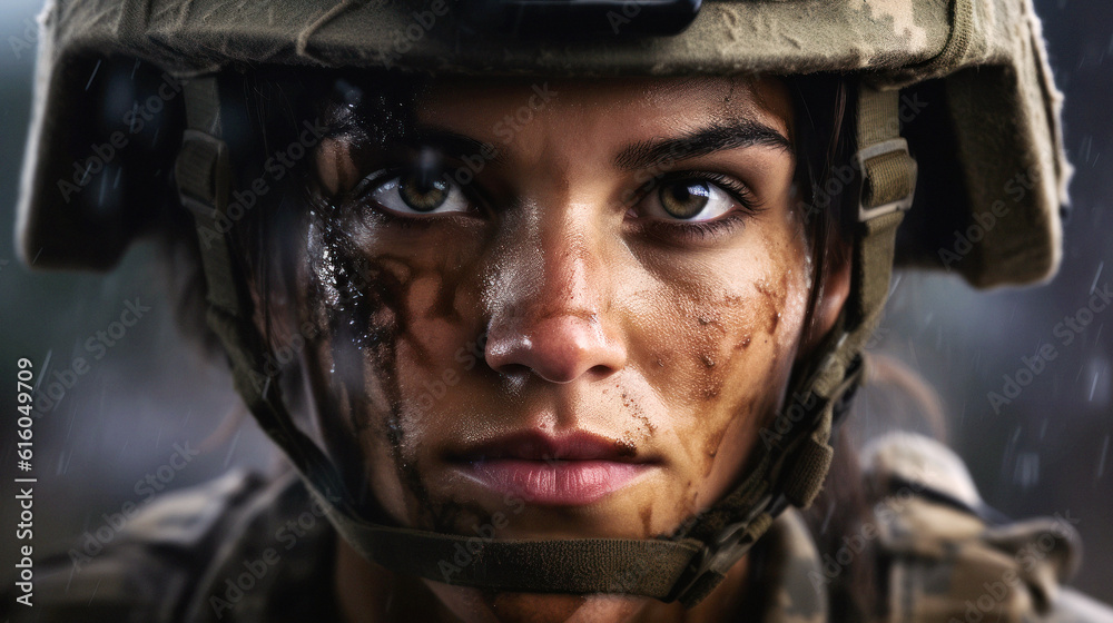 Resolute female soldier emerges, her eyes brimming with courage, offering a cinematic view that emphasizes her detailed face and uniform. Brave Army soldier. Generative AI Resolute female soldier emerges, her eyes brimming with courage, offering a cinematic view that emphasizes her detailed face and uniform. Brave Army soldier. Generative AI