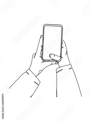 Continuous one line drawing of hands holding smartphone. Vector illustration.