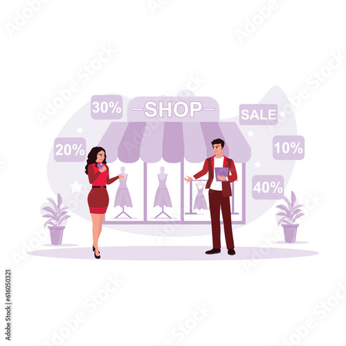Female customers visit clothing stores with various discounts, and male sales assistants help and give advice to female customers. Trend Modern vector flat illustration.