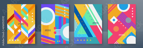 Geometric posters. Bauhaus cover templates with abstract colorful geometry. Retro architecture minimal shapes, forms, lines and eye design vector.