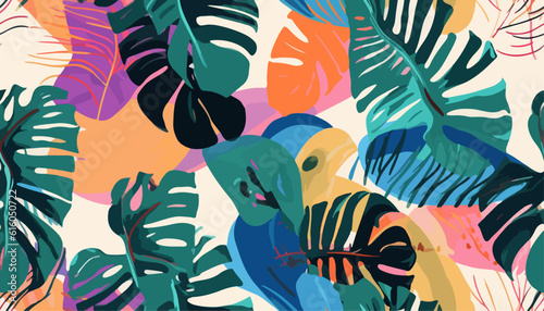 Bright modern monstera collage artistic print. Colorful contemporary seamless pattern. Hand drawn cartoon style.