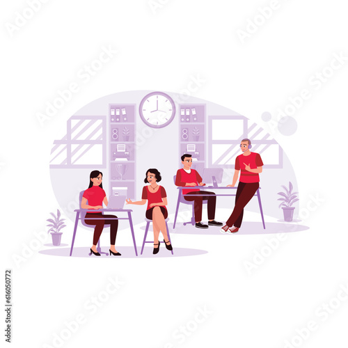 There is a favorable situation between two female and two male colleagues sitting and talking in the office. Trend Modern vector flat illustration.