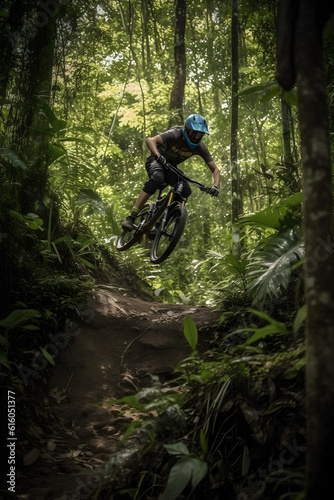 montain bike racing on tropical forest ,generative ai