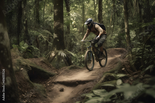montain bike racing on tropical forest ,generative ai