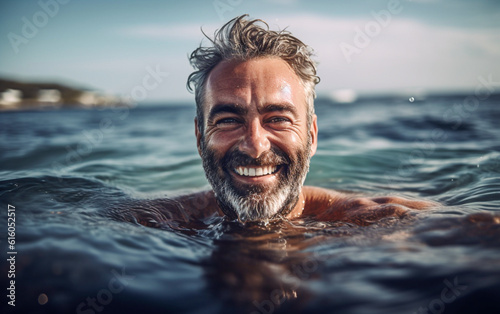 A man relaxes in the water at the sea. Happy and smiling in the summer vacation © Giordano Aita