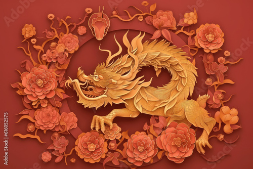 Paper cut style , Happy chinese new year 2024 , the dragon zodiac and flower with gold style on color background, generative AI