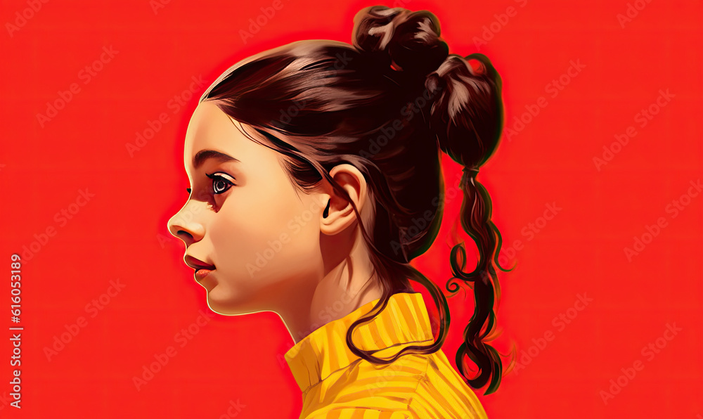 Young woman in profile against an orange-red background. - obrazy, fototapety, plakaty 