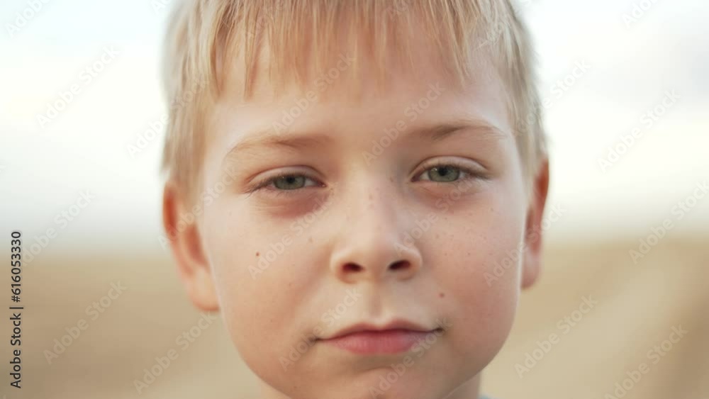 Close-up portrait of a fair-haired boy. The child looks into the camera lens. One child boy with blond hair looks ahead Close-up portrait of a fair-haired boy. The child looks into the camera lens. One child boy with blond hair looks ahead